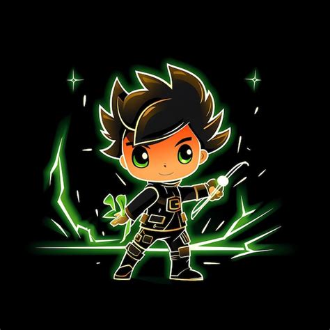 Personaje de neón del aventurero niño Chibi con un conjunto de