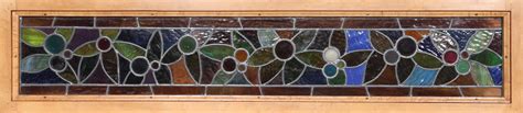 Lot Unkown Artist Flowers Horizontal Stained Glass Window In Wooden Frame