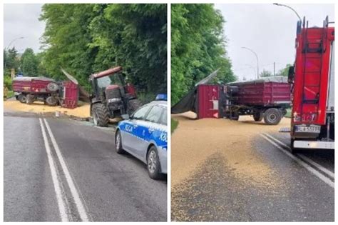 Przyczepa z kukurydzą zablokowała drogę Rolnik stracił panowanie nad