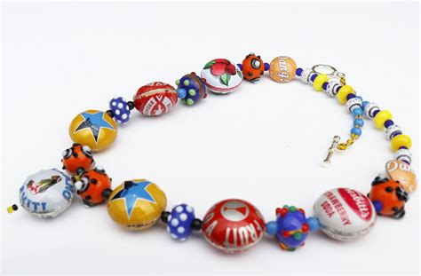 Retro Recycled Bottle Cap Necklace In Blue Red Orange And Yellow Vintage American Bottle Tops