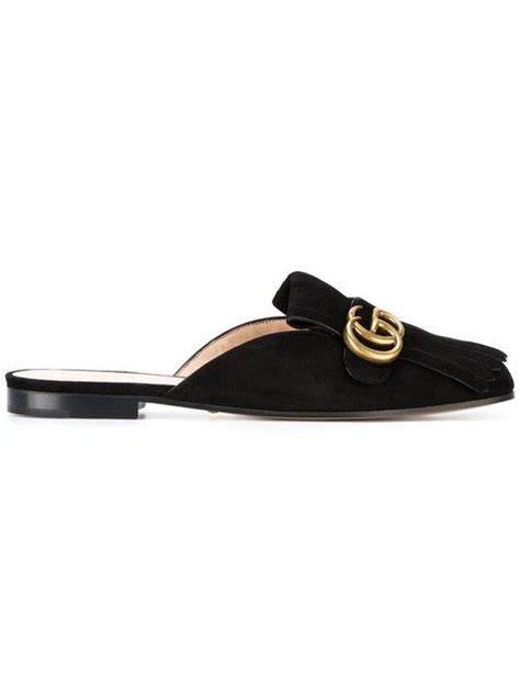 Gucci Marmont Fringed Logo Embellished Suede Slippers In Black