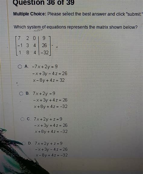 Which System Of Equations Represents The Matrix Shown Below See