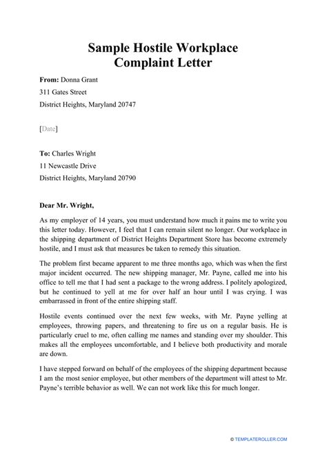 Formal Complaint Hostile Work Environment Sample Letter