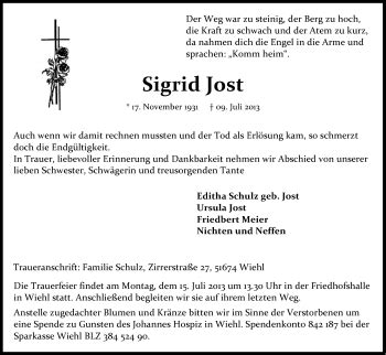 Traueranzeigen Von Sigrid Jost Wirtrauern