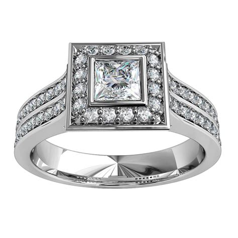 Princess Cut Halo Diamond Engagement Ring Bezel Set In A Bead Set Halo On A Double Row Bead Set