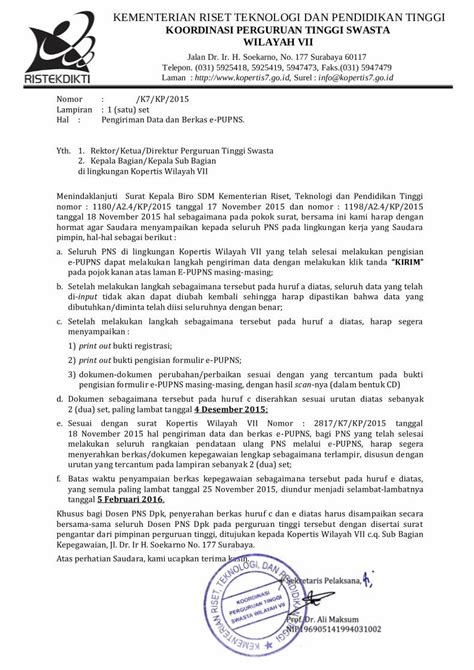 Pdf Surat Kopertis Vii Perihal Pengiriman Data Dan Berkas E Pupns