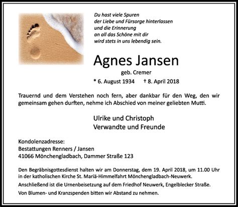 Traueranzeigen Von Agnes Jansen Trauer Und Gedenken