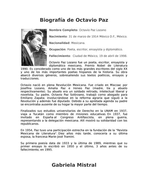 Biografía Corta De Octavio Paz Gabriela Mistral Y Amado Nervo