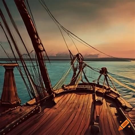 Side View Of An Old Sailing Ship On Deck