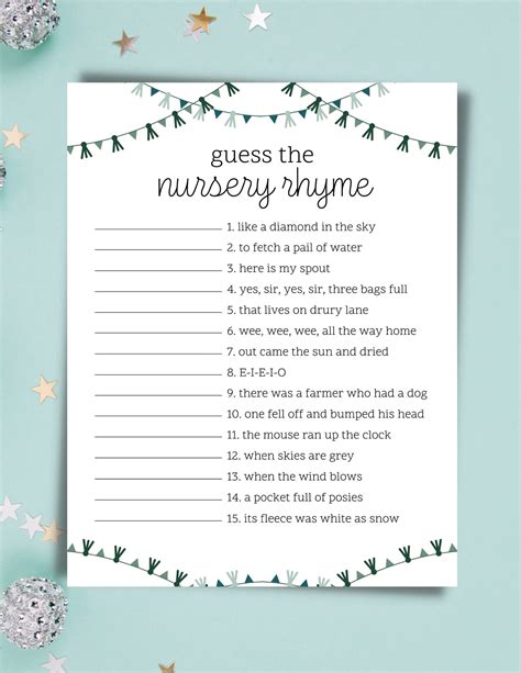 Guess The Nursery Rhyme Printable Baby Shower Game With Green Tassel