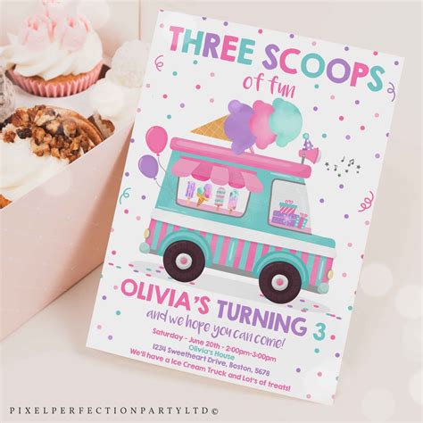 Editable Ice Cream Truck Three Scoops Of Fun 3rd Birthday Party