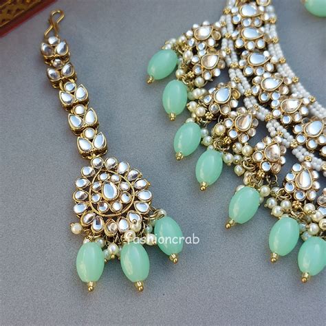 Sea Green Color Bridal Kundan Jewellery Set Fashioncrab