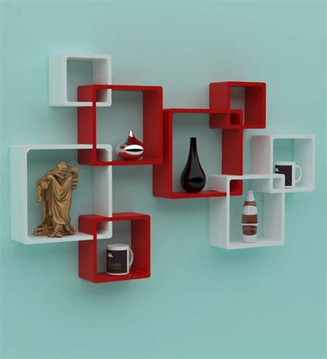 Buy Engineered Wood Intersecting Wall Shelf In Red Colour By Wooden