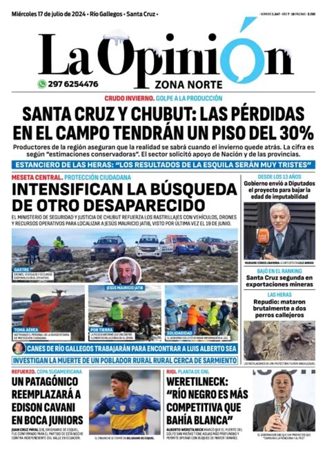 Diario La Opini N Zona Norte Tapa Edici N Impresa Del Mi Rcoles De