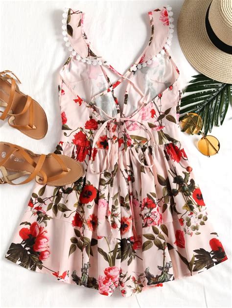 Sexy Backless Women Beach Jumpsuit Floral Print Deep V Neck Summer