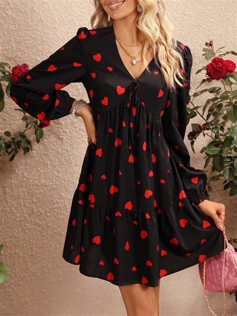 SHEIN VCAY Heart Print Lantern Sleeve Ruffle Hem Smock Dress SHEIN UK