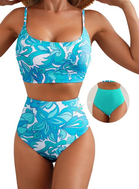 Eytino Women Swimsuit High Waisted Bikini Sets Tummy Control Swim Suits Color Block Two Piece
