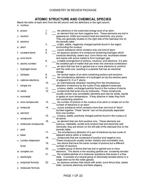 Chem 20 Review Packet Sdfghjkl ATOMIC STRUCTURE AND CHEMICAL