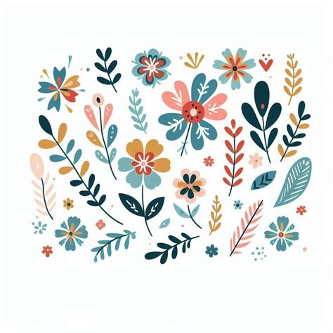 Simple Folk Style Illustration Clorful Flowers Leaves And Shapes On