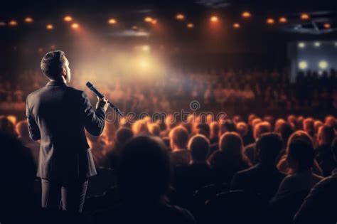 A Man Stands In Front Of A Crowd Confidently Holding A Microphone And Engaging With His