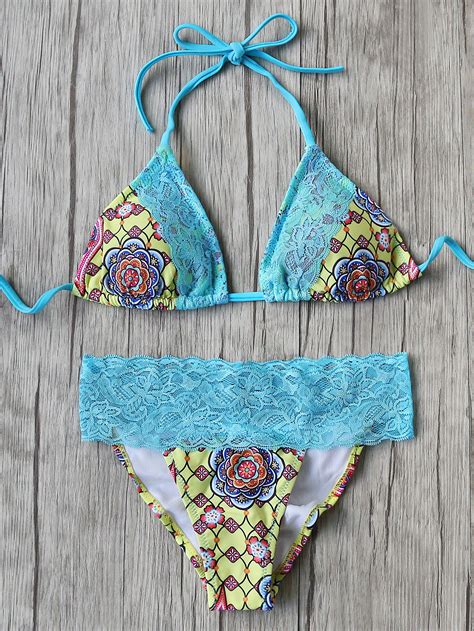 Blue Floral Print Lace Detail Triangle Bikini Set Shein Sheinside