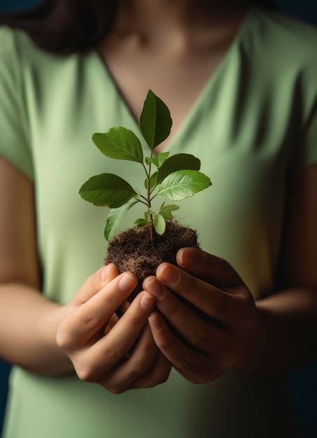 Uma criança segurando uma planta em suas mãos um fundo verde e a