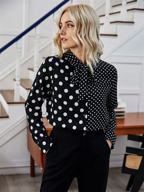 Tie Neck Polka Dot Button Front Blouse Polka Dots Outfit Polka Dots Fashion Fashion Tops Blouse