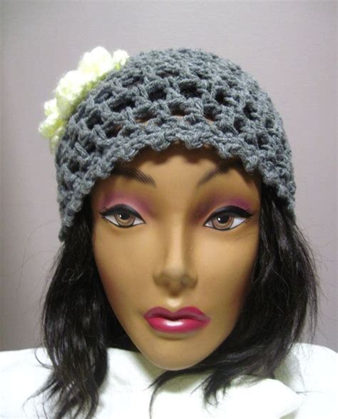 Hat Womans Gray Crochet Hat With Cream Button Flower Applique Etsy