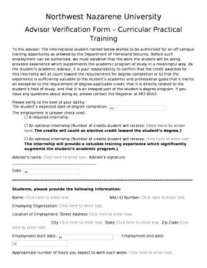 Advisor Verification Curricular Practical Training Doc Template PdfFiller