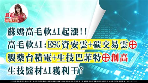 蘇媽高毛軟ai起漲！！高毛軟ai：esg資安雲＋碳交易雲⊕製藥台積電＋生技巴菲特⊕創高 生技醫材ai獲利王？｜20230720｜林幸蓉 分析師