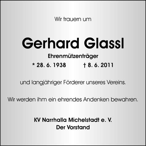 Traueranzeigen Von Gerhard Glassl Vrm Trauer De