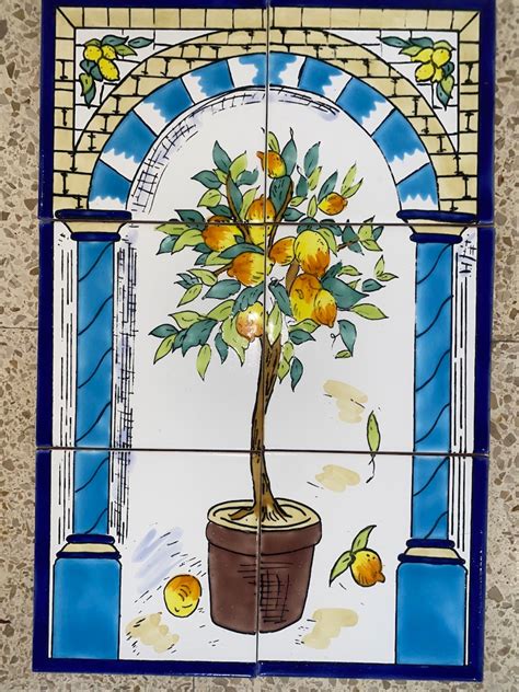 Hand Painted Tile Mural Lemon Tree Kitchen Backsplash Mediterranean