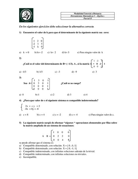 CEX206 Herramientas Matematicas I Algebra Parcial II