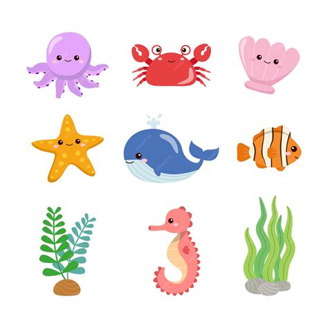 Premium Vector | Cute colorful sea creatures collection Underwater ...