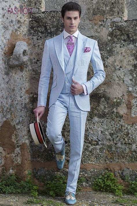 Italian Sky Blue Linen Wedding Groom Suit For Beach Wedding Suit