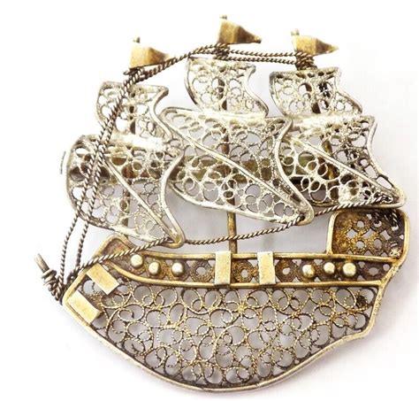 Vintage Tone Filigree Sailing Ship Brooch Silver Gem