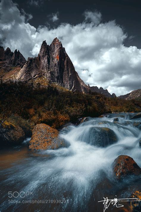 A River Flowing Through A Lush Green Forest Under A Cloudy Sky With