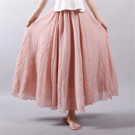 Fashion Brand Women Linen Cotton Long Skirts Elastic Waist Pleated