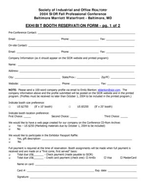 Fillable Online EXHIBIT BOOTH RESERVATION FORM Pg 1 Of 2 Sior Fax