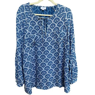 J Jill Pure Jill Artisan Block Printed Blouse Womens Xl Blue