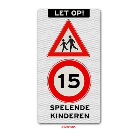 Spelende Kinderen Waarschuwing Op Geel Bord Met 15 Km Gebod