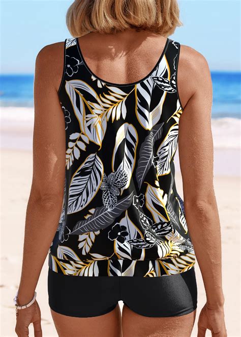 Patchwork Leaf Print Black Tankini Top Modlily Usd