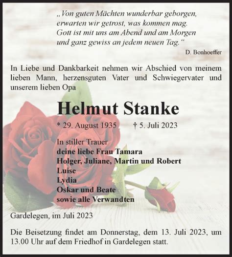 Traueranzeigen Von Helmut Stanke Abschied Nehmen De