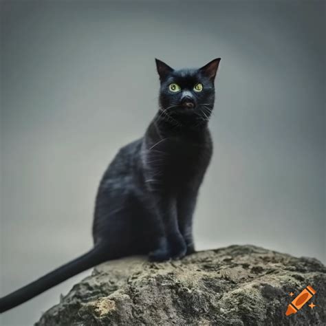 Black Cat Sitting On A Rock