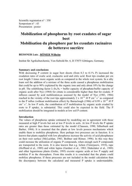 Mobilization Of Phosphorus By Root Exudates Of Sugar Beet