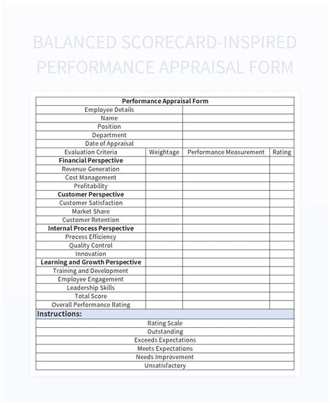 Performance Appraisal Form For Balanced Scorecard Evaluation Excel