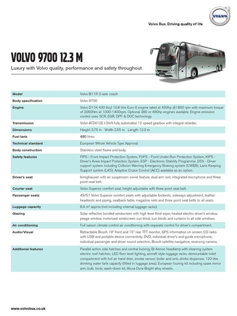 Volvo 9700 Specifications | PDF | Seat Belt | Transmission (Mechanics)