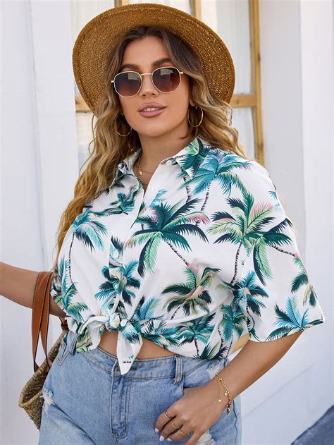 Plus Palm Tree Print Drop Shoulder Blouse In 2023 Print Shirts Women