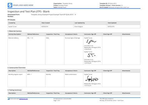 ITP Inspection Test Plan Template