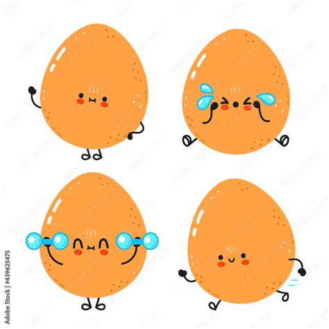 Funny Cute Happy Egg Characters Bundle Set Vector Kawaii Line Cartoon